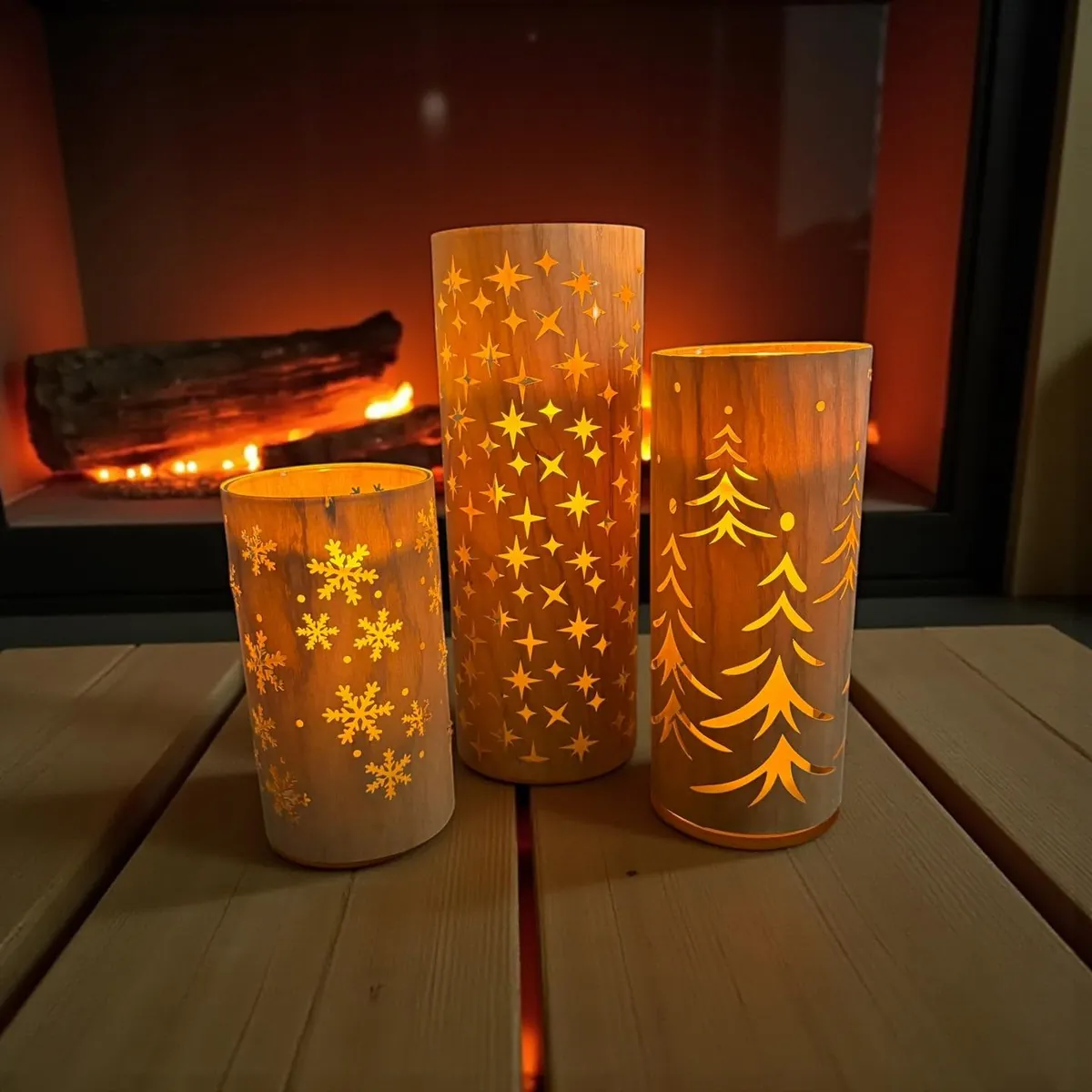 Snowflake and tree lanterns by the fire by Cottage Creations by Carol