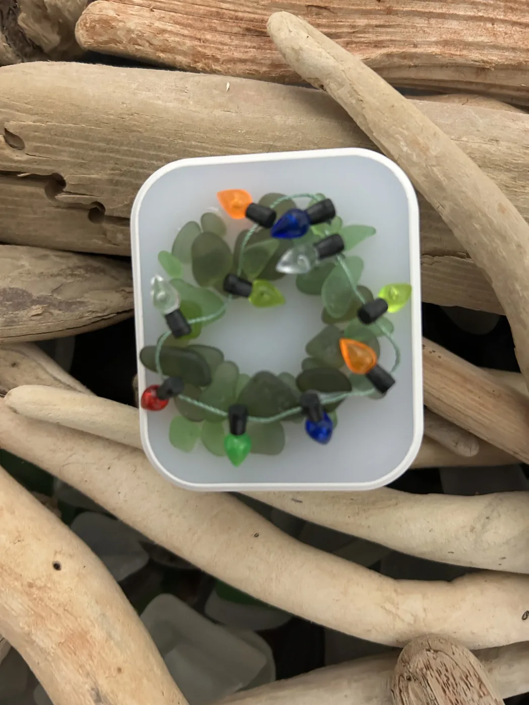 Sea glass wreath night light on driftwood by Joy Designs