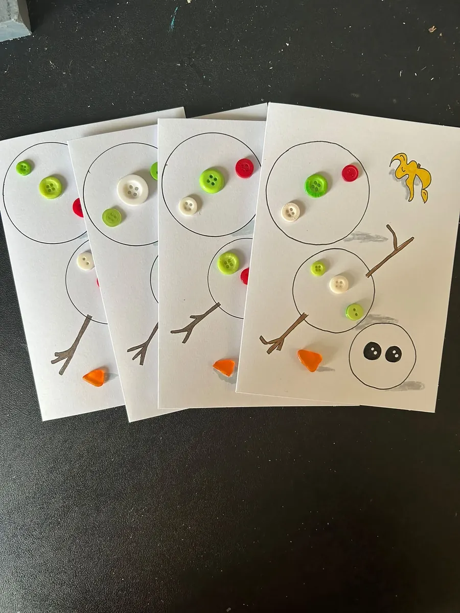 Snowman cards with sea glass noses by Joy Designs