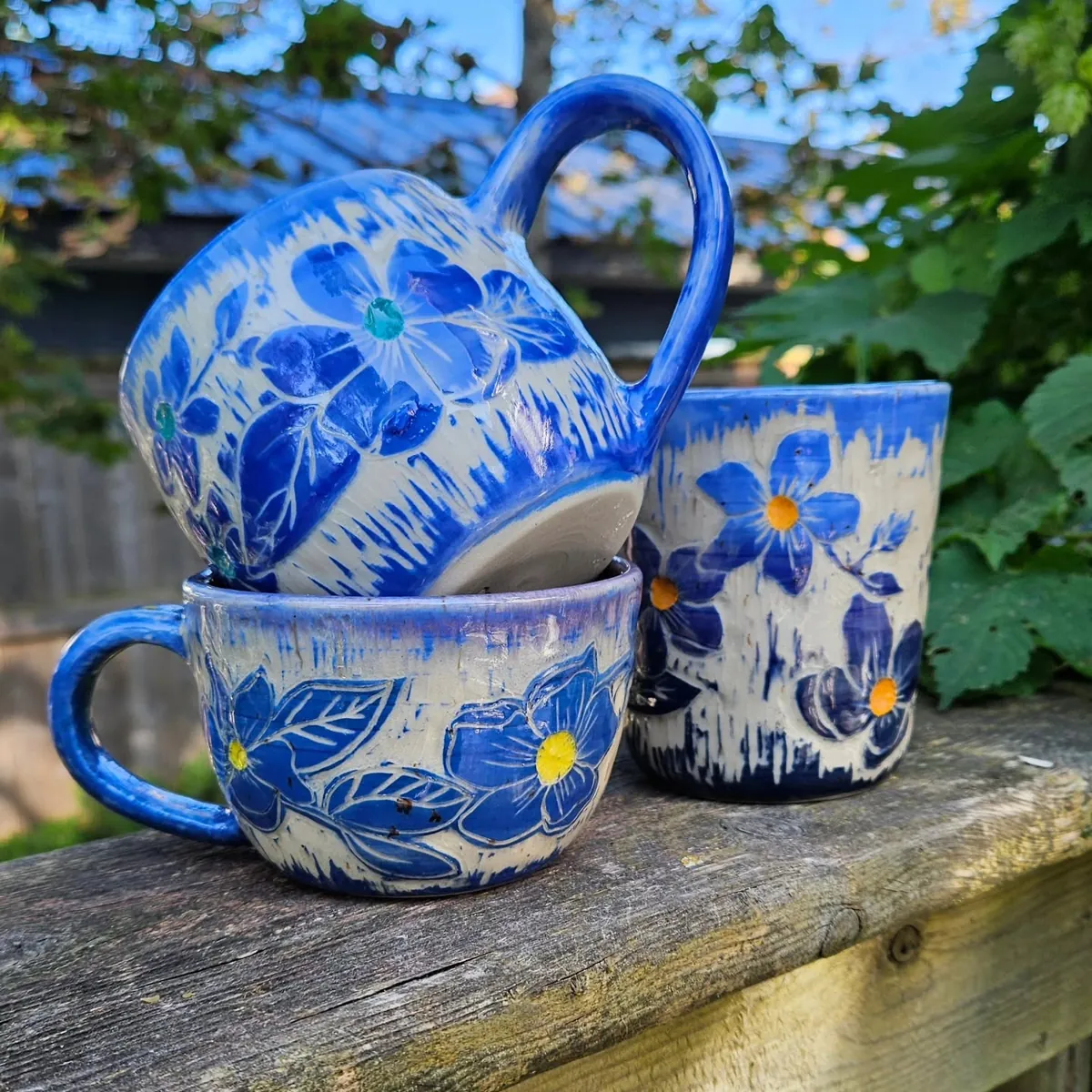 Blue flower mugs by Lindsay Bromley Pottery