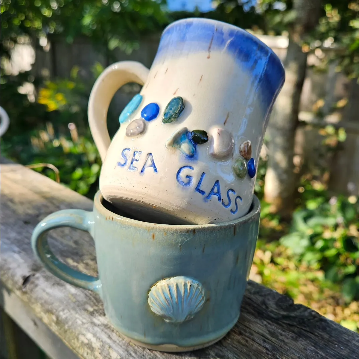 Sea glass mugs by Lindsay Bromley Pottery