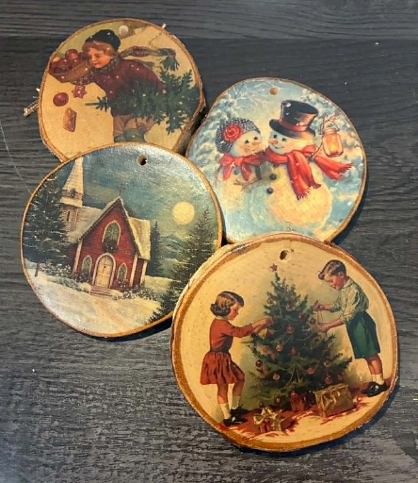 Vintage Christmas illustrations on birch slice ornaments by Photo Ornaments