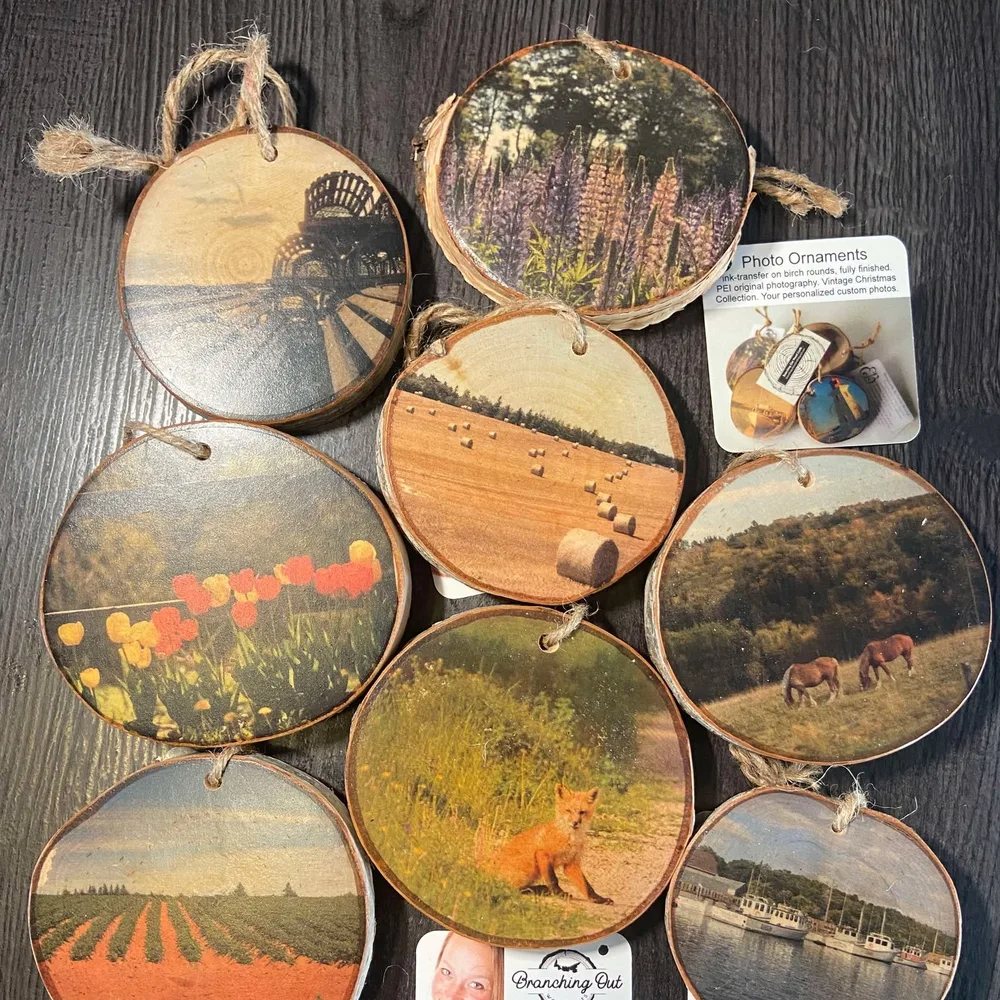 Diana's photo ornaments: PEI scenes ink transferred onto birch wood slices