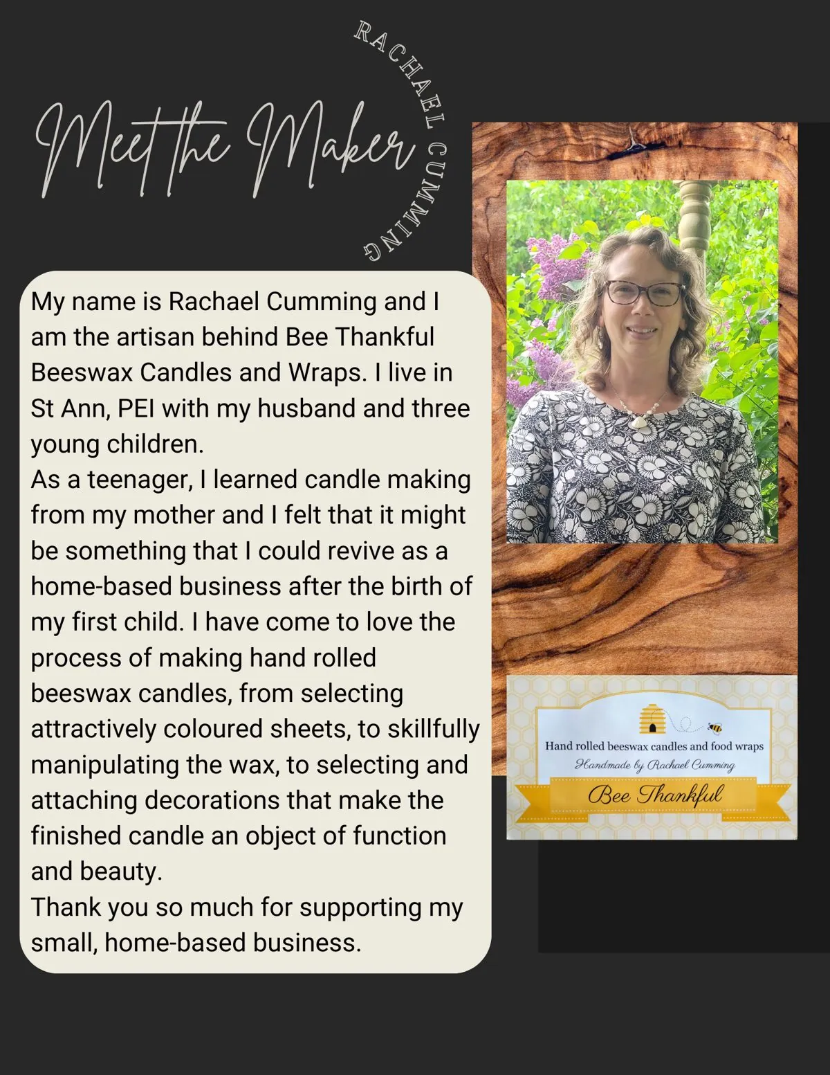 Meet the Maker poster: Rachael Cumming, Bee Thankful Beeswax Candles and Wraps