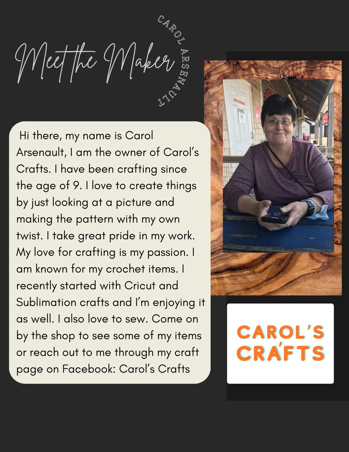Meet the Maker poster: Carol Arsenault, Carol's Crafts