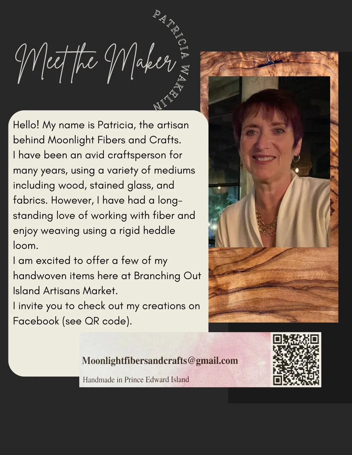 Meet the Maker poster: Patricia Wakelin, Moonlight Fibers and Crafts